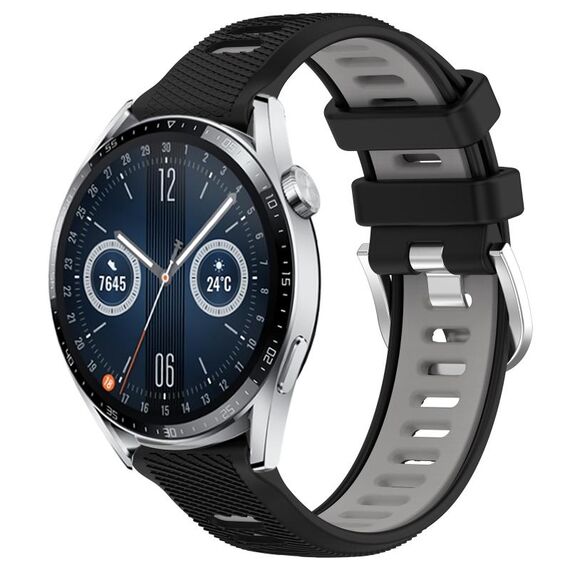 Per Huawei Watch GT3 46mm 22mm Cinturino sportivo in silicone con fibbia in acciaio bicolore (nero + grigio)