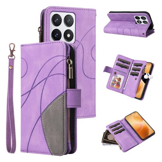 Per Xiaomi 14T Pro Custodia per telefono in pelle con cerniera e 9 scomparti per carte bicolore (viola)