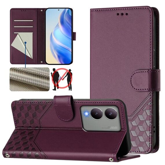Per vivo Y17s Global Honeycomb Embossing RFID Custodia in pelle per telefono (viola)