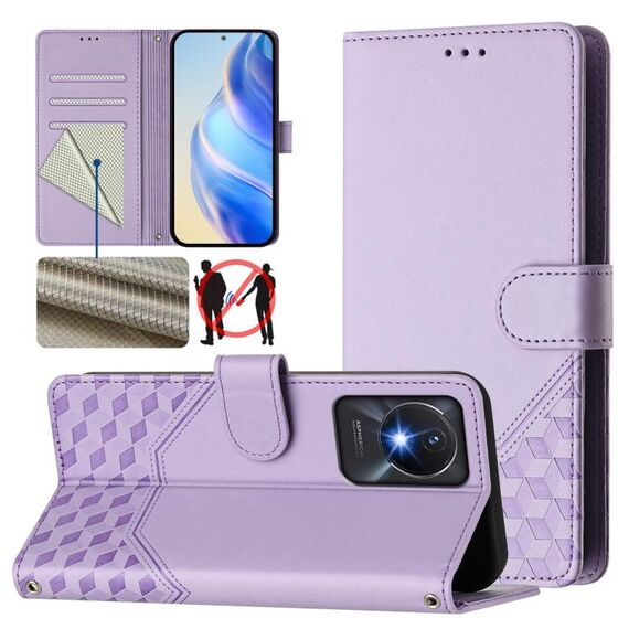 Per vivo Y02a 4G / Y02 4G / Y11 2023 / Y02T Custodia per telefono in pelle con stampa a nido d'ape e RFID (viola chiaro)