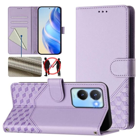Per vivo Y56 5G / Y16 4G / Y02s 4G Custodia per telefono in pelle con stampa a nido d'ape globale RFID (viola chiaro)