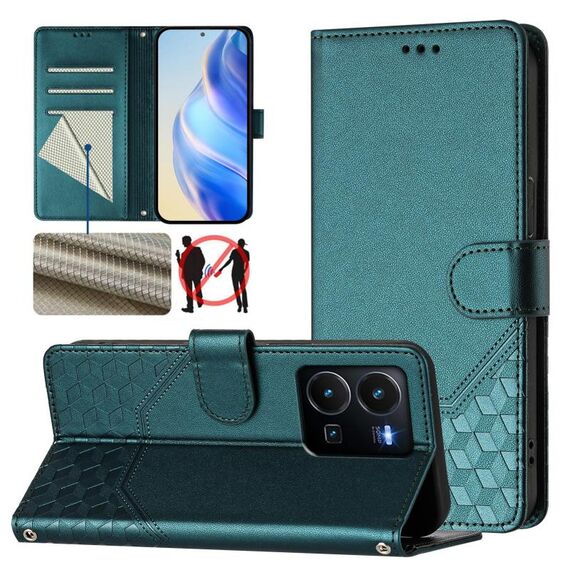 Per vivo Y35 4G / Y22s 4G / Y22 4G Custodia per telefono in pelle con stampa a nido d'ape globale RFID (verde pavone)