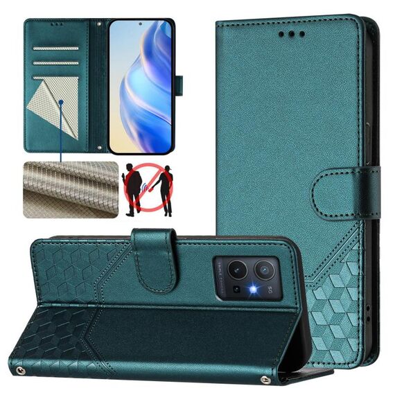Per vivo Y55s 2023 / Y75 5G Custodia per telefono in pelle con stampa a nido d'ape globale RFID (verde pavone)