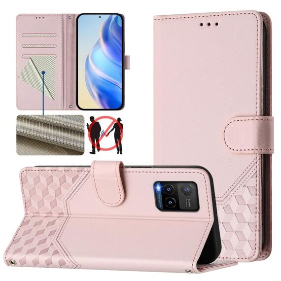 Per vivo Y33s 4G / Y21 2021 / Y21s / Y21T Custodia per telefono in pelle con stampa a nido d'ape RFID (rosa)