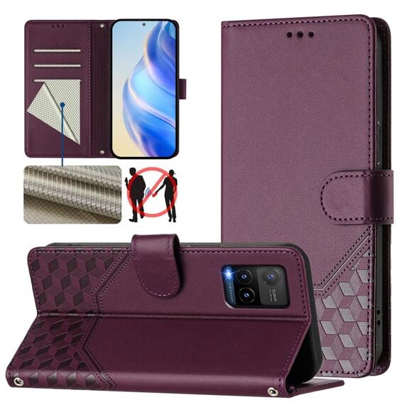Per vivo Y33s 4G / Y21 2021 / Y21s / Y21T Custodia per telefono in pelle con stampa a nido d'ape RFID (viola)