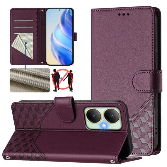 Per vivo Y27 4G 2023 Custodia per telefono in pelle con stampa a nido d'ape globale RFID (viola)