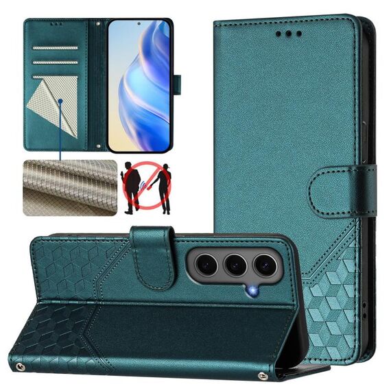 Per Samsung Galaxy S24+ 5G Custodia per telefono in pelle con stampa a nido d'ape RFID (verde pavone)