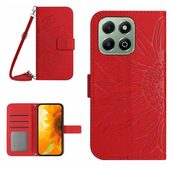 Custodia per telefono in pelle con motivo a fiore di sole per Honor 200 Smart Global Skin Feel con cordino (rosso)