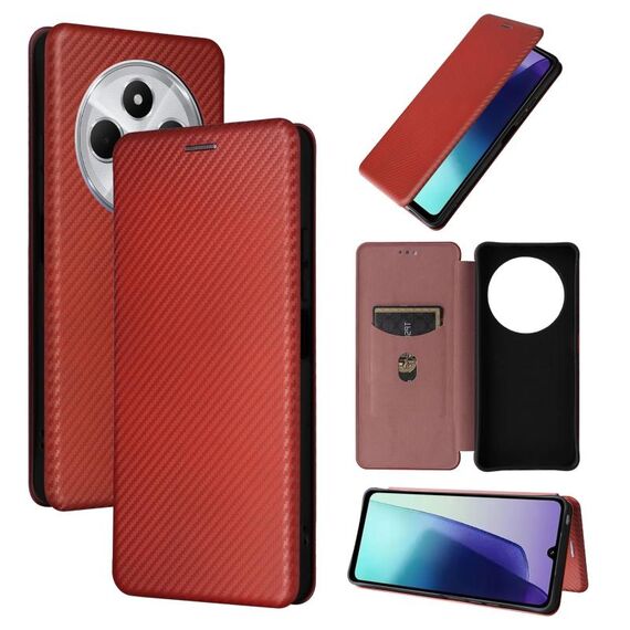 Per Redmi 14C Custodia in pelle con texture in fibra di carbonio (marrone)