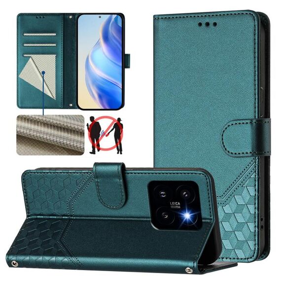 Per Xiaomi 14 Pro 5G Custodia per telefono in pelle con stampa a nido d'ape RFID (verde pavone)