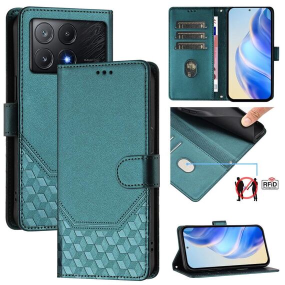 Per Xiaomi Poco X6 Pro / Redmi K70E Custodia per telefono in pelle con stampa a nido d'ape RFID (verde pavone)