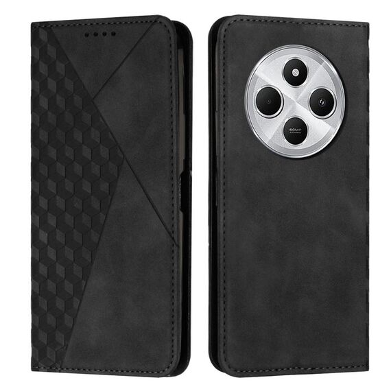 Per Redmi 14C 4G Custodia per telefono in pelle magnetica con effetto pelle con cuciture a diamante (nero)