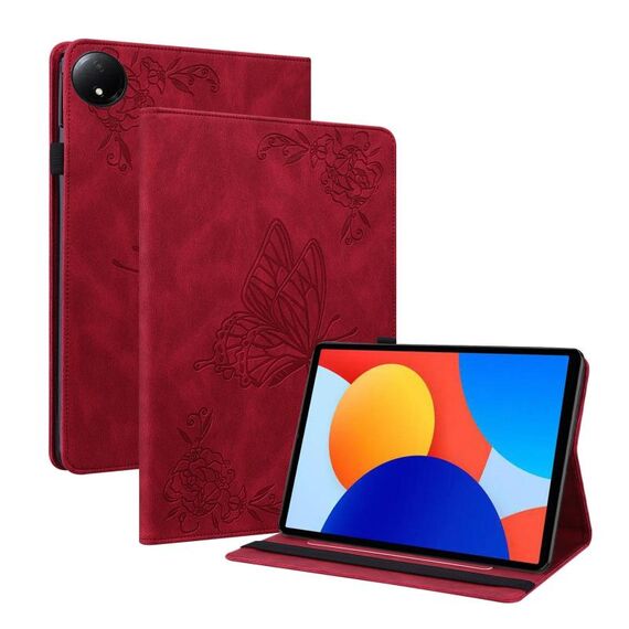 Per Xiaomi Redmi Pad SE 8.7 Custodia per tablet in pelle goffrata con motivo a farfalla e fiore (rosso)