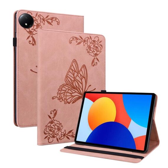 Per Xiaomi Redmi Pad SE 8.7 Custodia per tablet in pelle goffrata con motivo a farfalla e fiore (oro rosa)