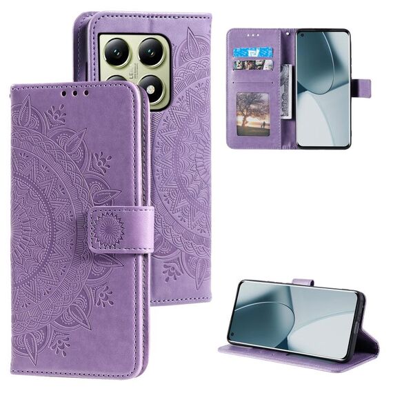 Per Xiaomi 14T Custodia per telefono in pelle goffrata con fiore Totem con cordino (viola)