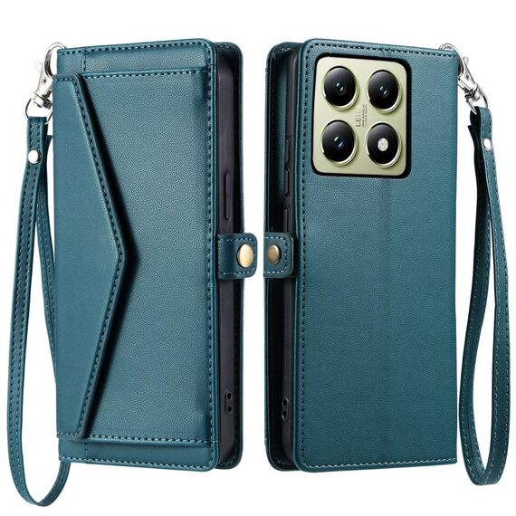 Per Xiaomi 14T Portafoglio Multi-Slot per carte Custodia in pelle per telefono con cordino (verde)