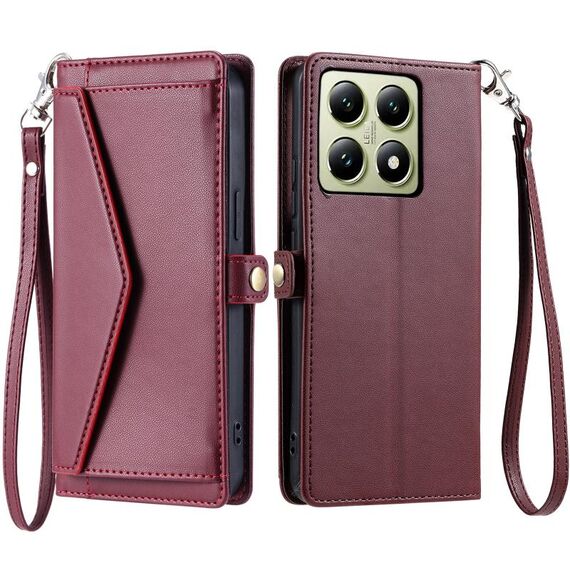 Per Xiaomi 14T Pro Portafoglio Multi-Slot per Carta Custodia in Pelle per Telefono con Lanyard (Rosso Vino)