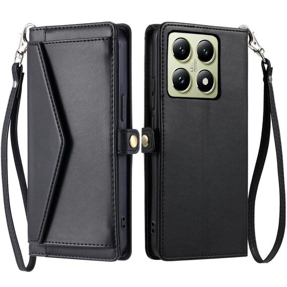 Per Xiaomi 14T Pro Portafoglio Multi-Slot per Carta Custodia per Telefono in Pelle con Laccetto (Nero)