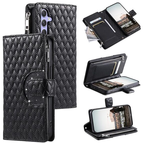 Per Samsung Galaxy S25 5G Custodia per telefono in pelle con cerniera a reticolo glitterato (nero)