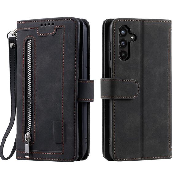 Per Samsung Galaxy S25 5G Custodia per telefono in pelle con cerniera a nove carte con cordino (nero)