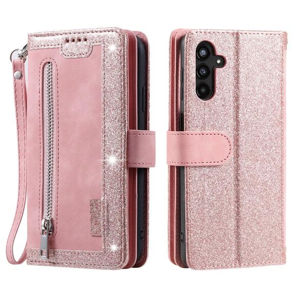 Per Samsung Galaxy S25 5G Custodia per telefono in pelle con cerniera a nove carte con cordino (rosa)