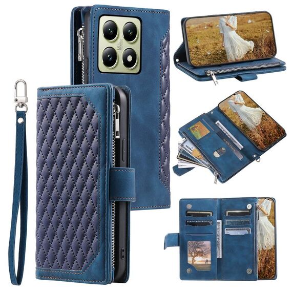 Per Xiaomi 14T Custodia per telefono in pelle con cerniera e cordino (blu)