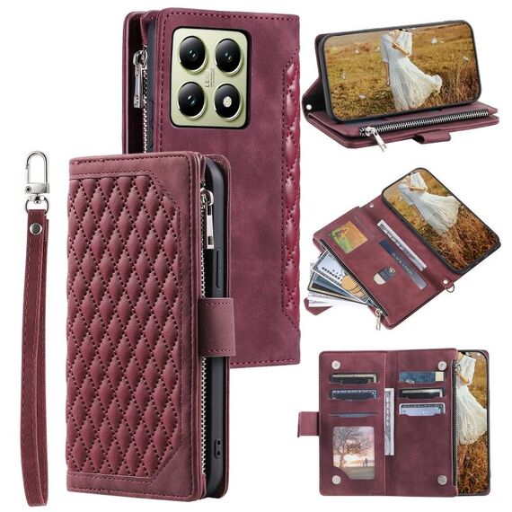 Per Xiaomi 14T Pro Custodia per telefono in pelle con cerniera e cordino con texture a griglia (rosso vino)