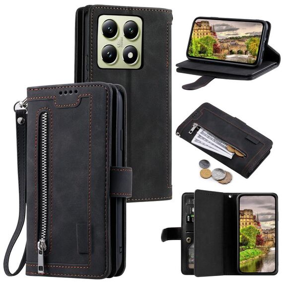 Per Xiaomi 14T Nine Card Zipper Bag Custodia in pelle per telefono con cordino (nero)