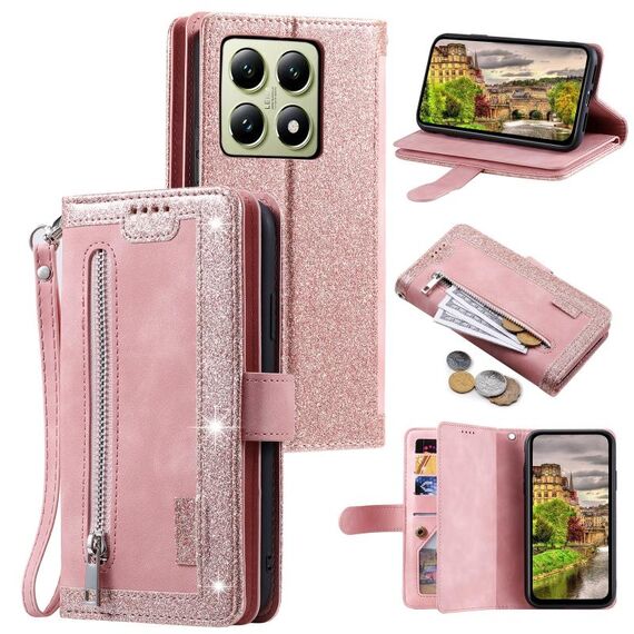 Per Xiaomi 14T Nine Card Zipper Bag Custodia in pelle per telefono con cordino (rosa)