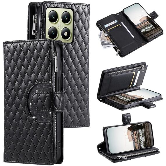 Per Xiaomi 14T Pro Glitter Lattice Zipper Wallet Custodia in pelle per telefono (nero)