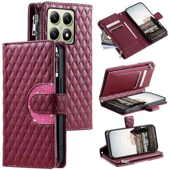 Per Xiaomi 14T Pro Glitter Lattice Zipper Wallet Custodia in pelle per telefono (rosso vino)