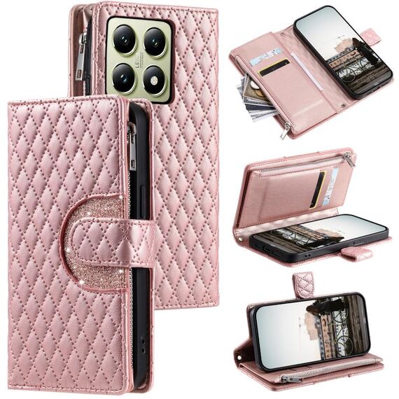 Per Xiaomi 14T Pro Glitter Lattice Zipper Wallet Custodia in pelle per telefono (oro rosa)