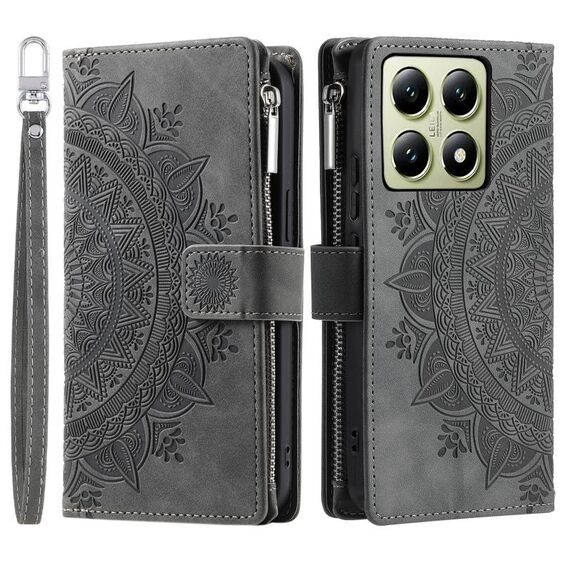 Per Xiaomi 14T Pro Multi-Card Totem Zipper Custodia in pelle per telefono (grigio)