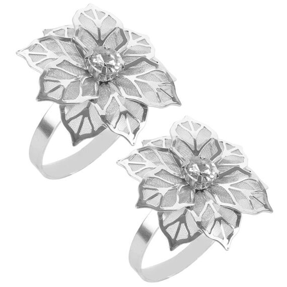 2 pezzi Anello per tovagliolo in lega con fiore e strass Design Fibbia per tovagliolo Decorazione per tavolo da pranzo per feste di nozze (argento)