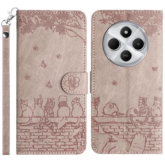 Per Redmi 14C 4G Custodia in pelle con motivo a rilievo di gatto con cordino (grigio)