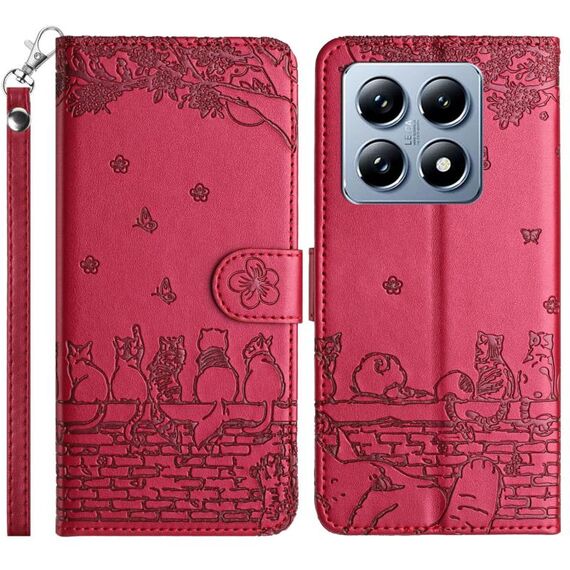 Per Xiaomi 14T Custodia in pelle con motivo in rilievo di gatto con cordino (rosso)