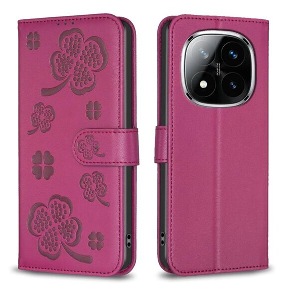 For Redmi Note 14 Pro 5G / Note 14 Pro+ 5G Four-leaf Embossed Leather Phone Case(Rose Red)