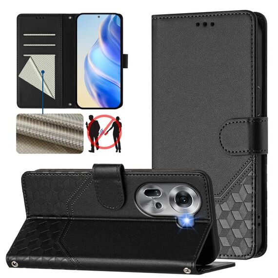 For OPPO Reno11 5G Global Honeycomb Embossing RFID Leather Phone Case(Black)