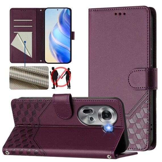For OPPO Reno11 5G Global Honeycomb Embossing RFID Leather Phone Case(Violet)