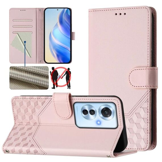 For OPPO Reno11 F 5G Global Honeycomb Embossing RFID Leather Phone Case(Pink)