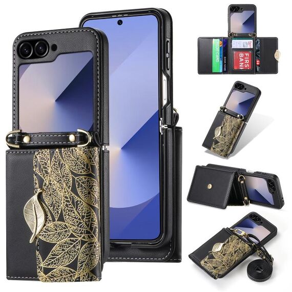 Per Samsung Galaxy Z Flip6 POLA Custodia per telefono con motivo a foglie con slot multi-scheda (nero)
