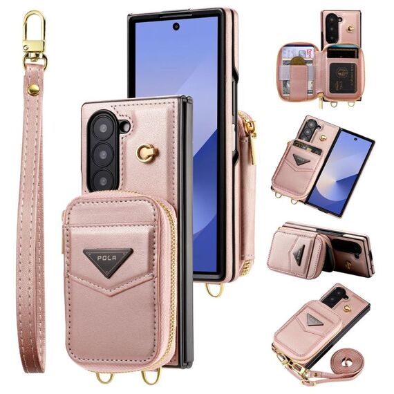 Per Samsung Galaxy Z Fold6 POLA Multi-Card Slots Zipper Wallet Phone Case (Rosa)