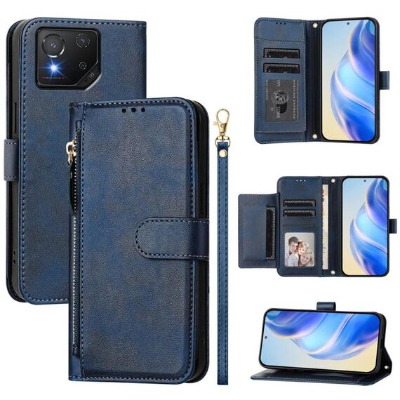 Per Asus ROG Phone 8 / 8 Pro Multi-Card Slots Zipper Wallet Custodia in pelle per telefono (blu)