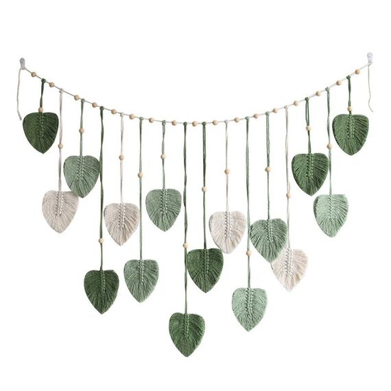 Decorazione per la casa Boho, arazzo con foglie intrecciate a mano, macramè, nappe, decorazione da parete, dimensioni: 120x75 cm (verde)