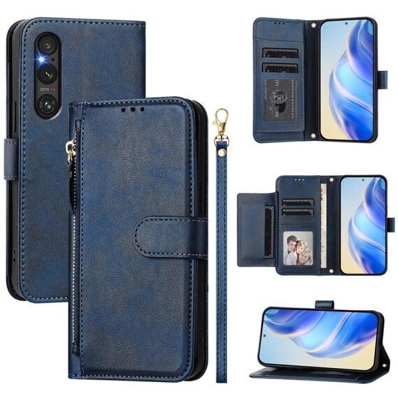 Per Sony Xperia 1 V Multi-Card Slots Zipper Wallet Custodia in pelle per telefono (blu)