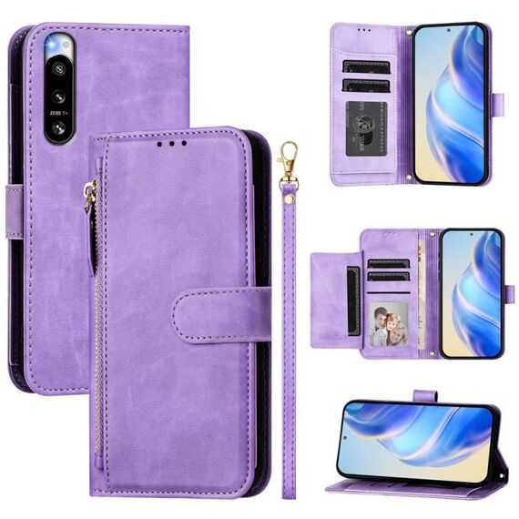 Per Sony Xperia 5 IV Multi-Card Slots Zipper Wallet Custodia in pelle per telefono (viola)