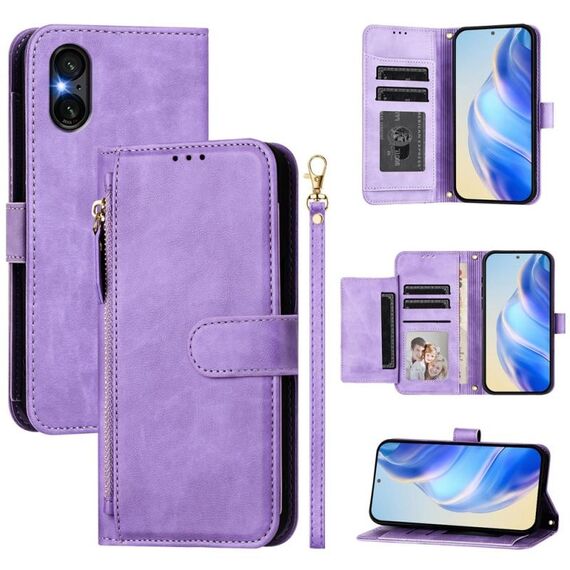 Per Sony Xperia 5 VI Multi-Card Slots Zipper Wallet Custodia in pelle per telefono (viola)