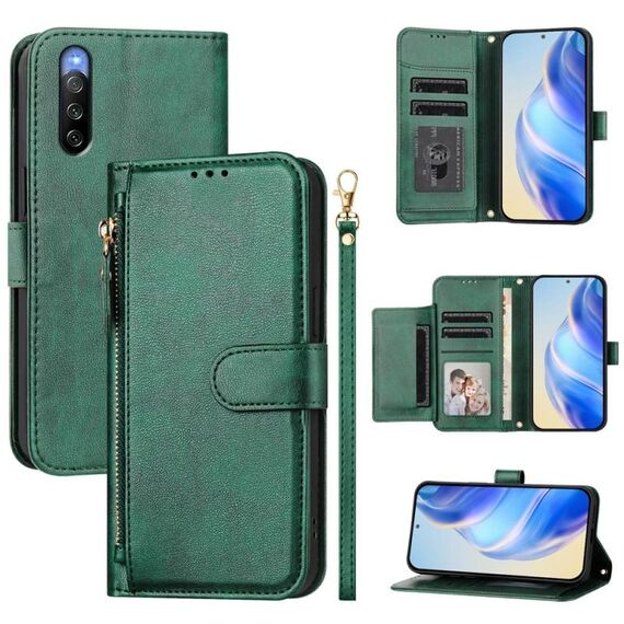 Per Sony Xperia 10 V Multi-Card Slots Zipper Wallet Custodia in pelle per telefono (verde)