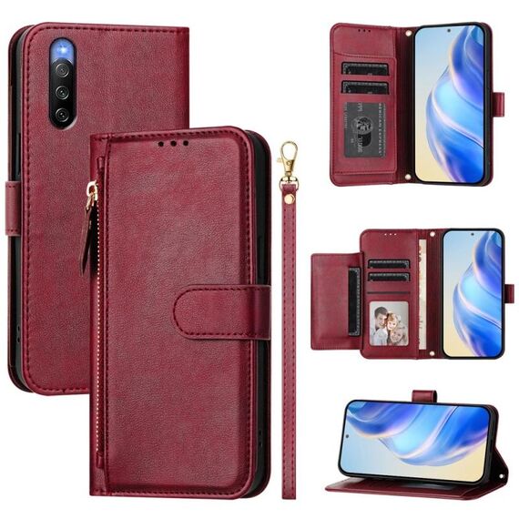 Per Sony Xperia 10 V Multi-Card Slots Zipper Wallet Custodia in pelle per telefono (rosso scuro)