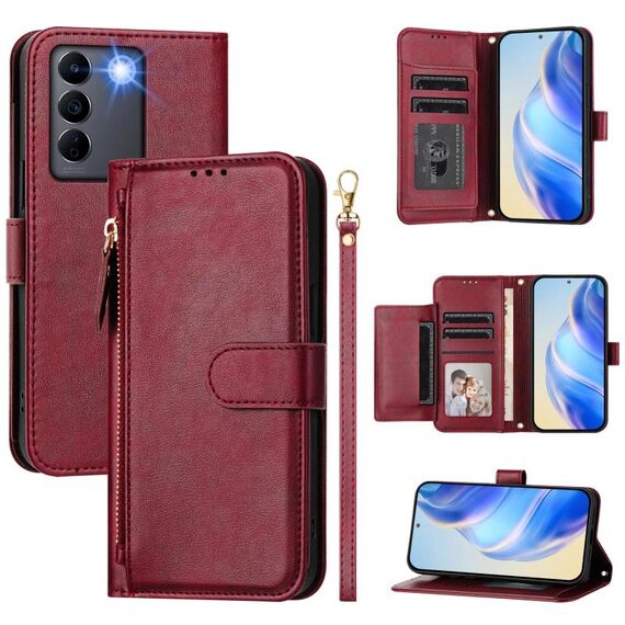 Per vivo V27 5G / V27 Pro 5G Global Multi-Card Slots Zipper Wallet Custodia per telefono in pelle (rosso scuro)